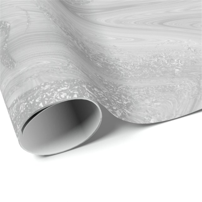 Silver White Grått Marble Molten Metallic Shiny Presentpapper (Rullad Hörn)