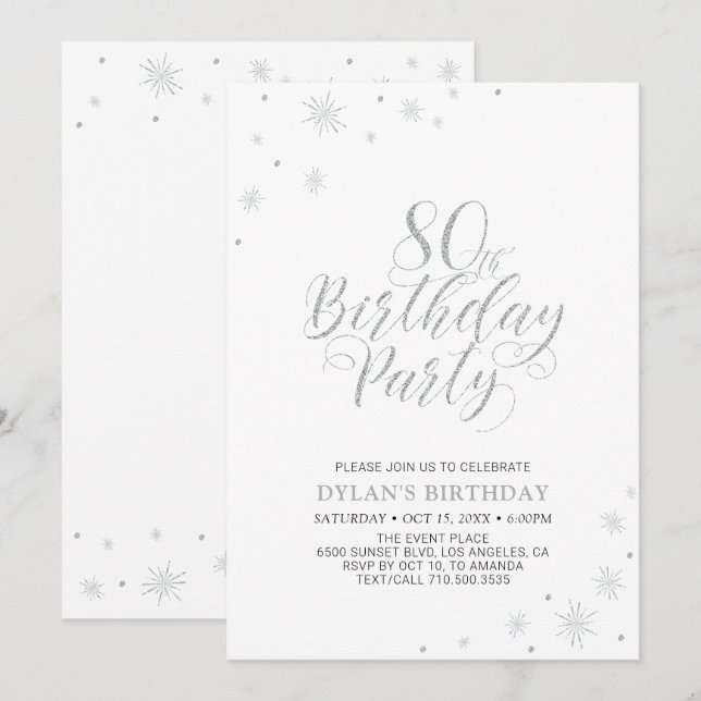 Silver & White | Modern Chic 80:e Födelsedagsfeste Inbjudningar (Fram/baksida)