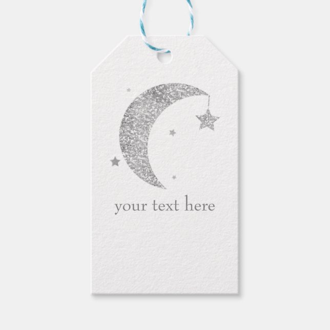Silver & White Moon & Stars Baby Shower Celestial Presentetikett (Framsidan)