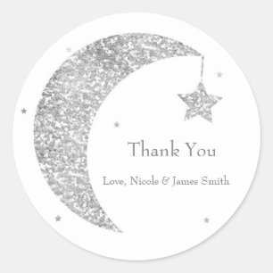 Silver & White Moon & Stars Baby Shower Förmån Runt Klistermärke