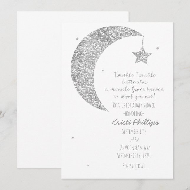 Silver White Moon & Stars Bebis Shower Inbjudninga Inbjudningar (Fram/baksida)