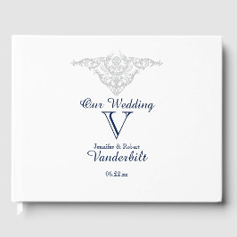 Silver White och Navy Damask Wedding Guest Bok