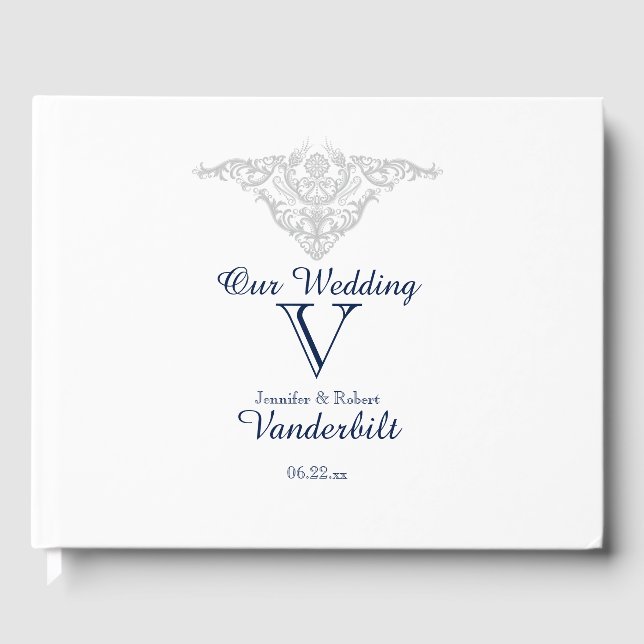 Silver White och Navy Damask Wedding Guest Bok (Framsida)