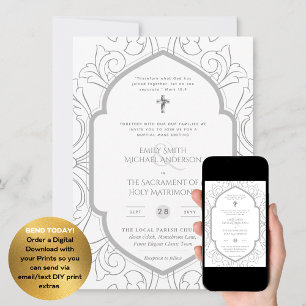 Silver White Ornate Catholical Nuptial Mass Bröllo Inbjudningar