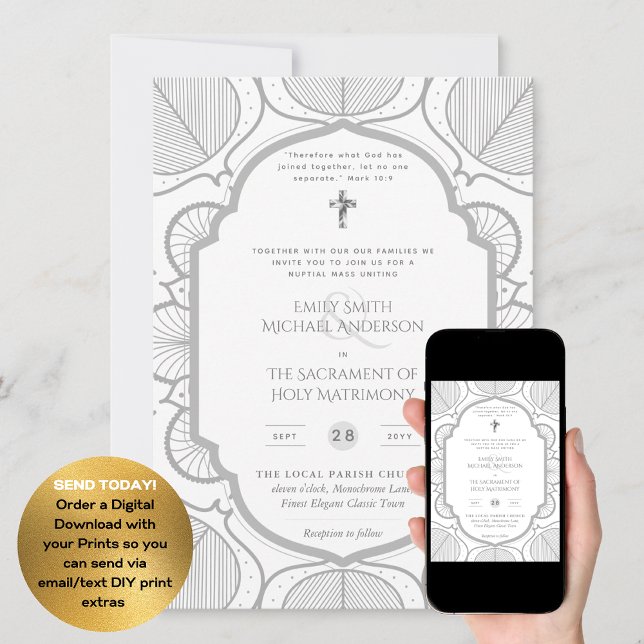 Silver White Ornate Catholical Nuptial Mass Bröllo Inbjudningar (Skapare uppladdad)