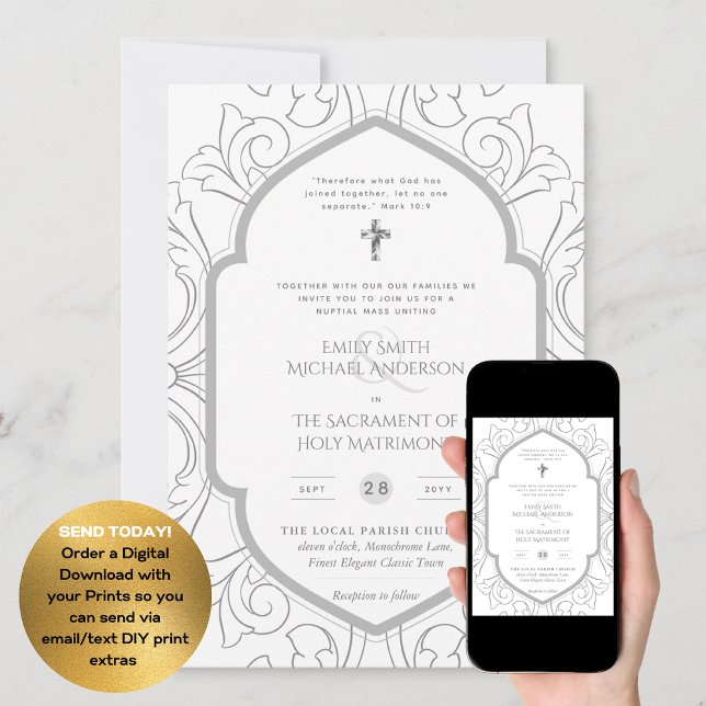 Silver White Ornate Catholical Nuptial Mass Bröllo Inbjudningar (Skapare uppladdad)