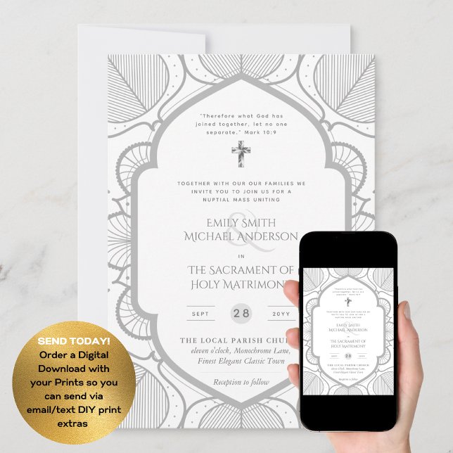 Silver White Ornate Catholical Nuptial Mass Bröllo Inbjudningar (Skapare uppladdad)