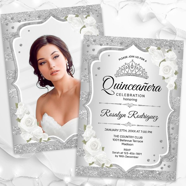 Silver White Quinceanera Photo Inbjudningar (Skapare uppladdad)