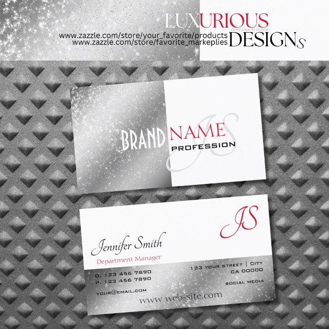 Silver White Red med Glitter Stars och Monogram Visitkort (Skapare uppladdad)
