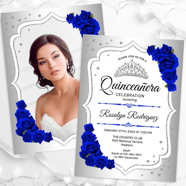 Silver White Royal Blue Photo Quinceanera Inbjudningar (Skapare uppladdad)
