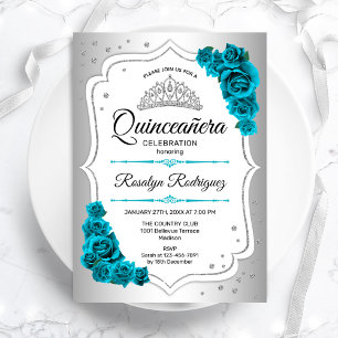 Silver White Royal Teal Quinceanera Inbjudningar