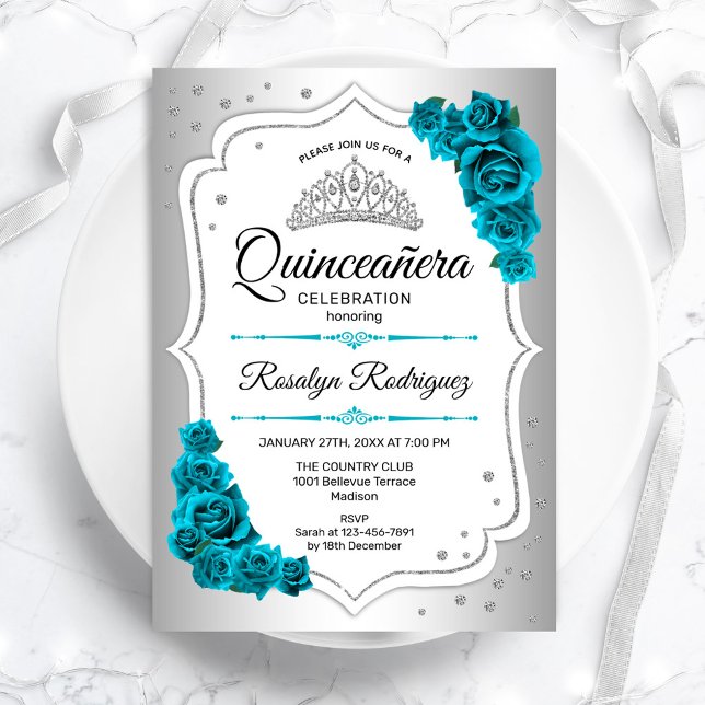 Silver White Royal Teal Quinceanera Inbjudningar (Skapare uppladdad)