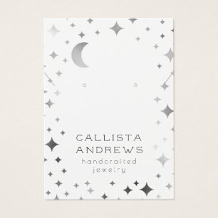 Silver White Star Måne Earring Necklace Visning Visitkort