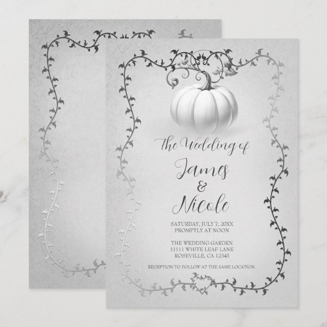 Silver & White Storybook Pumpa Bröllop Inbjudningar (Fram/baksida)
