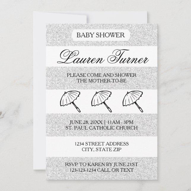 Silver & White Stripes - Inbjudan till babyfest (Framsida)