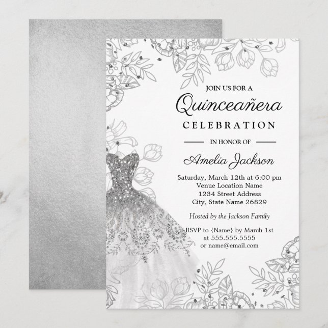 Silver White Vintage Blommigt Dress Quinceanera Inbjudningar (Fram/baksida)