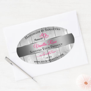 Silver White Wood Grain Product Labels Rosa Hearjä Ovalt Klistermärke
