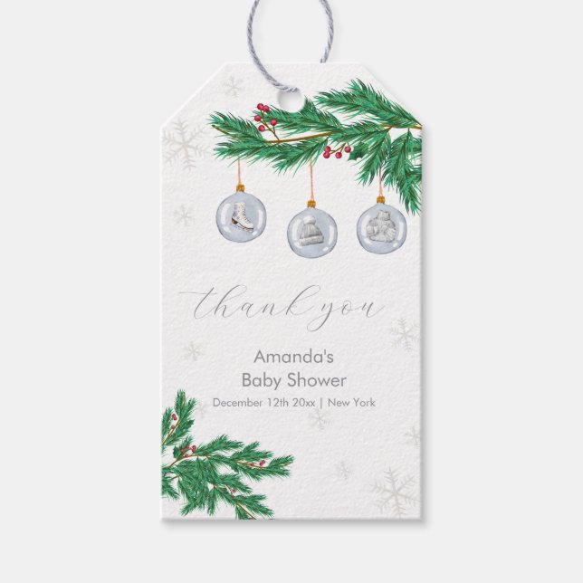 Silver Winter Clothesline Ornaments Baby Shower Presentetikett (Framsidan)