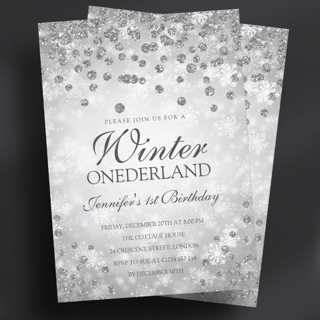 Silver Winter Diamonds & Glitter | Första födelsed Inbjudningar (Silver Winter Diamonds & Glitter | 1st Birthday Invitation)