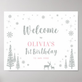 Silver Winter Girl 1st Birthday Party Välkomstskyl Poster