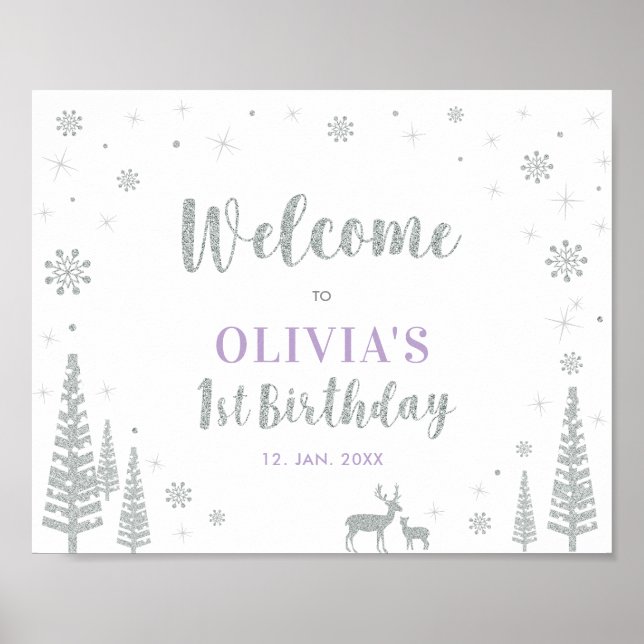 Silver Winter Girl 1st Birthday Party Välkomstskyl Poster (Framsidan)