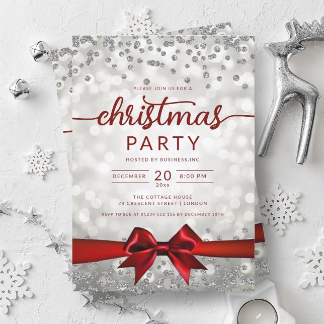 Silver Winter Glam Company Julafton Red Ribbon Inbjudningar (Silver Winter Glam Company Xmas Red Ribbon Invitation)