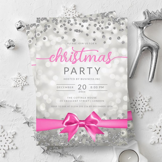 Silver Winter Glam Company Julafton Shock rosa Rib Inbjudningar (Silver Winter Glam Company Xmas Hot Pink Ribbon Invitation)