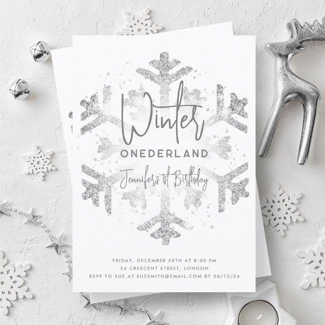 Silver Winter ONEDERLAND 1:a födelsedagen FAUX Gli Inbjudningar (Silver Winter ONEDERLAND 1st Birthday FAUX Glitter Invitation)