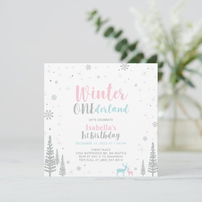 Silver Winter Onederland 1:a födelsedagen Invita Inbjudningar (Stående Fram)