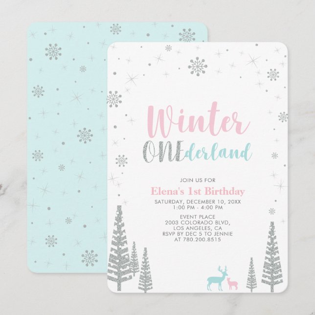 Silver Winter onederland 1-års födelsedagsfest Inbjudningar (Fram/baksida)