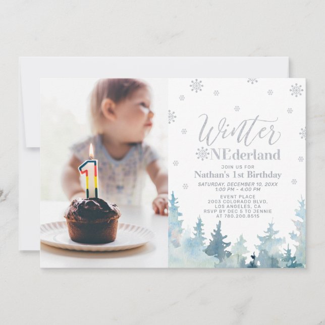 Silver Winter Onederland 1-års födelsedagsfoto Inbjudningar (Framsida)