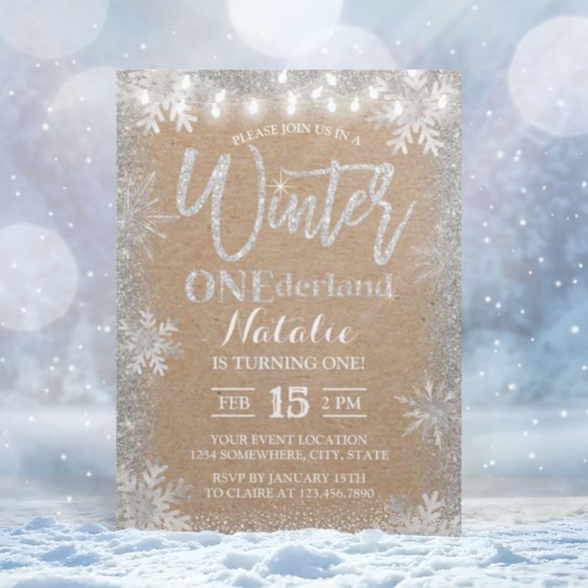 Silver Winter ONEderland 1st Rustic Kraft Birthday Inbjudningar (Skapare uppladdad)