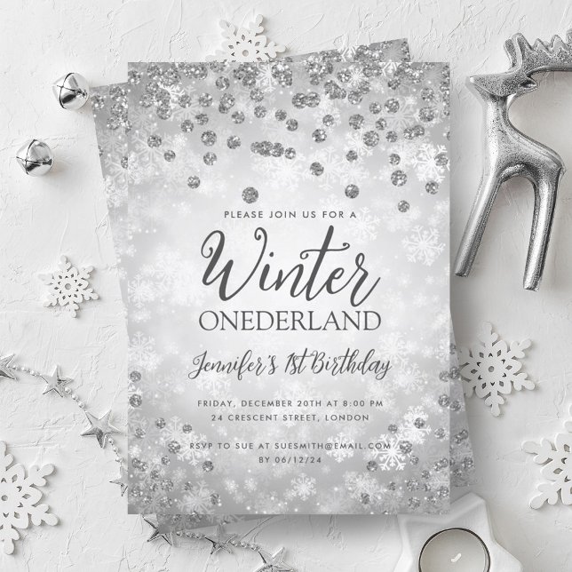 Silver Winter ONEDERLAND Glitter 1:a födelsedag Inbjudningar (Silver Winter ONEDERLAND Glitter 1st Birthday Invitation)