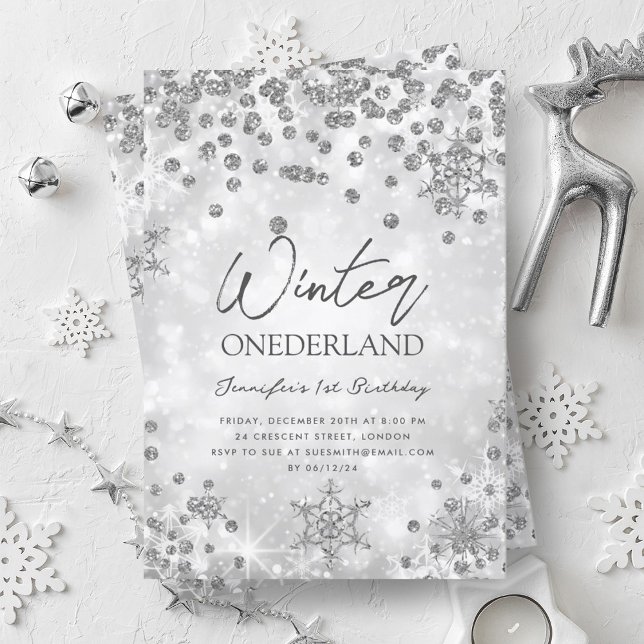 Silver Winter ONEDERLAND Gnistra 1:a födelsedagen Inbjudningar (Silver Winter ONEDERLAND Sparkle 1st Birthday Invitation)
