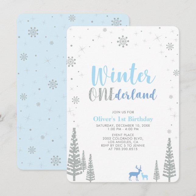 Silver Winter onederland pojke 1:a födelsedagen pa Inbjudningar (Fram/baksida)