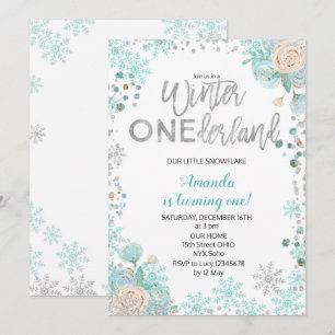 Silver Winter ONEderland Snö Birthday Inbjudan Gir