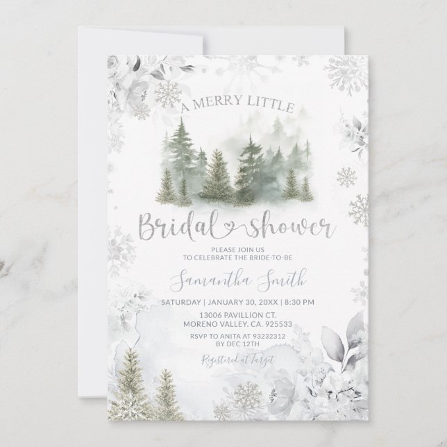 Silver Winter Pine Tree Merry Little Bridal Shower Inbjudningar (Framsida)