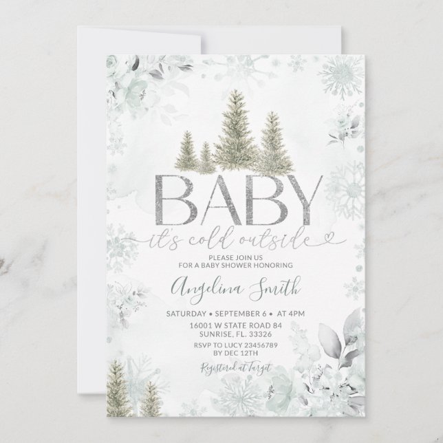 Silver Winter Sage Forest Christmas Baby Shower Inbjudningar (Framsida)