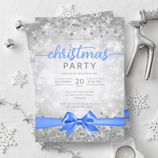 Silver Winter Snöflingor Company Blue Ribbon Inbjudningar (Silver Winter Snowflakes Company Blue Ribbon Invitation)