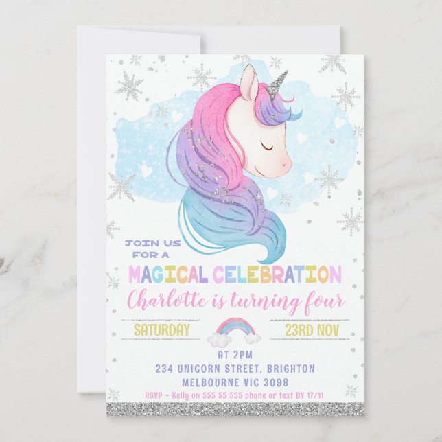 Silver Winter Unicorn Rainbow Birthday Inbjudningar (Framsida)
