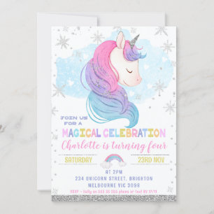Silver Winter Unicorn Rainbow Birthday Inbjudningar
