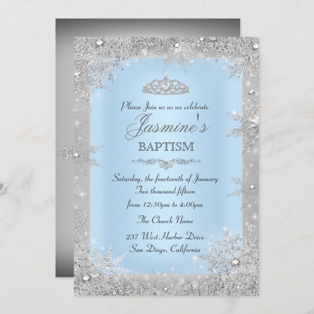 Silver Winter Wonderland Blue Baptism Christening Inbjudningar (Fram/baksida)
