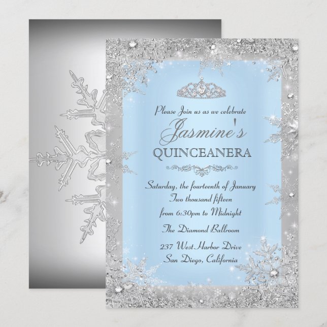 Silver Winter Wonderland Blue Quinceanera Inbjudan (Fram/baksida)