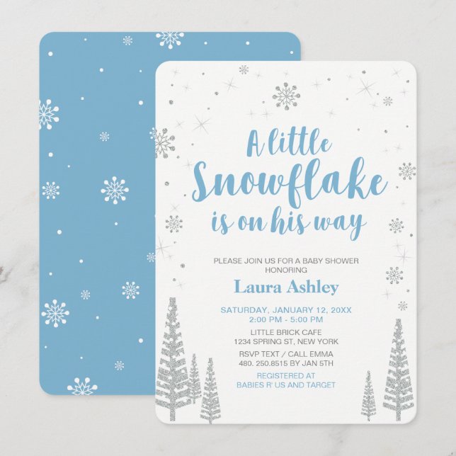 Silver Winter Wonderland, Boy Baby Shower/Sprinkle Inbjudningar (Fram/baksida)