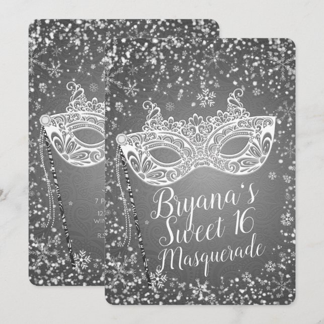 Silver Winter Wonderland MasqueraSverige 16 Party Inbjudningar (Fram/baksida)
