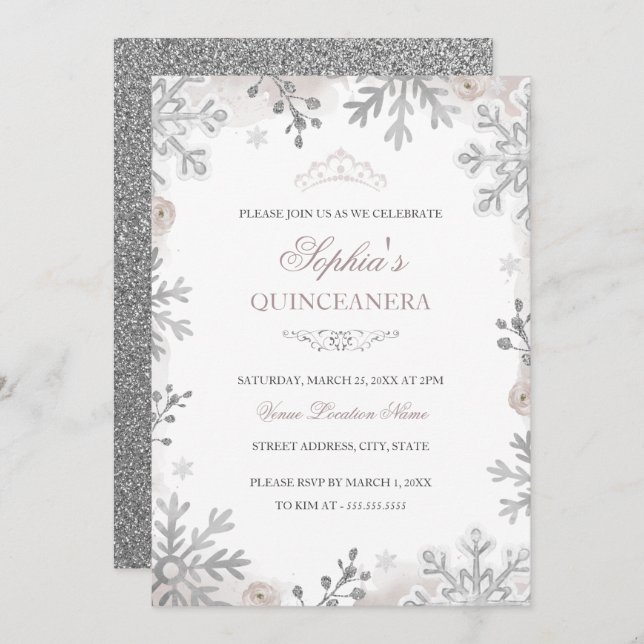  Silver Winter Wonderland Quinceanera Inbjudningar (Fram/baksida)