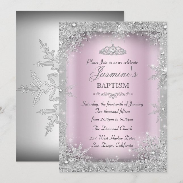 Silver Winter Wonderland Rosa Baptism Christening Inbjudningar (Fram/baksida)