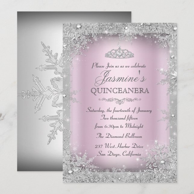 Silver Winter Wonderland Rosa Quinceanera-fest Inbjudningar (Fram/baksida)