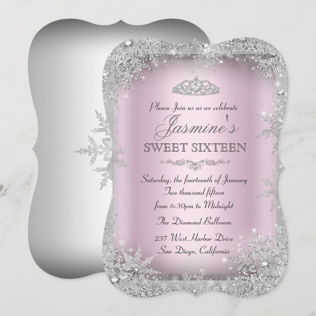 Silver Winter Wonderland Rosa Sweet 16 Inbjudan 2 (Fram/baksida)