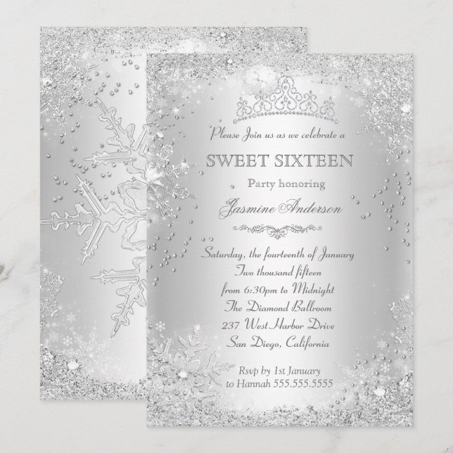 Silver Winter Wonderland Sweet 16 Tiara Inbjudningar (Fram/baksida)